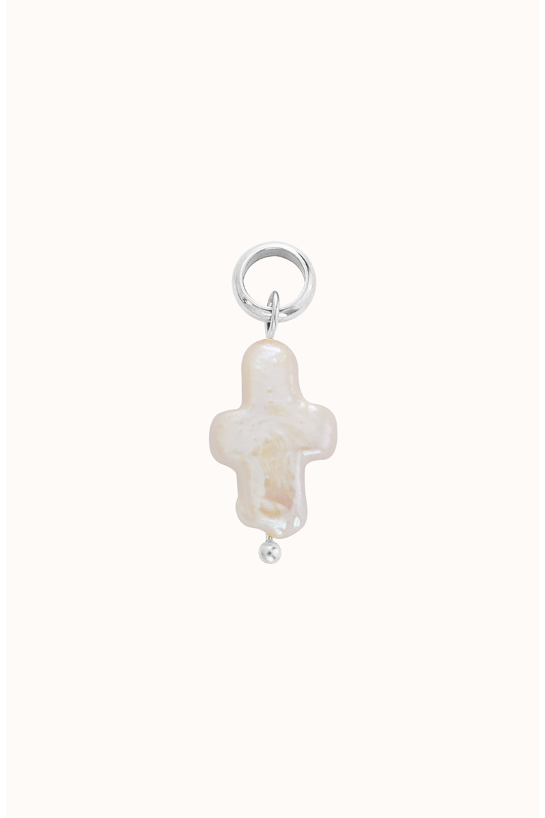 Mini Pearl Cross Charm Pendant, Main, color, White Silver