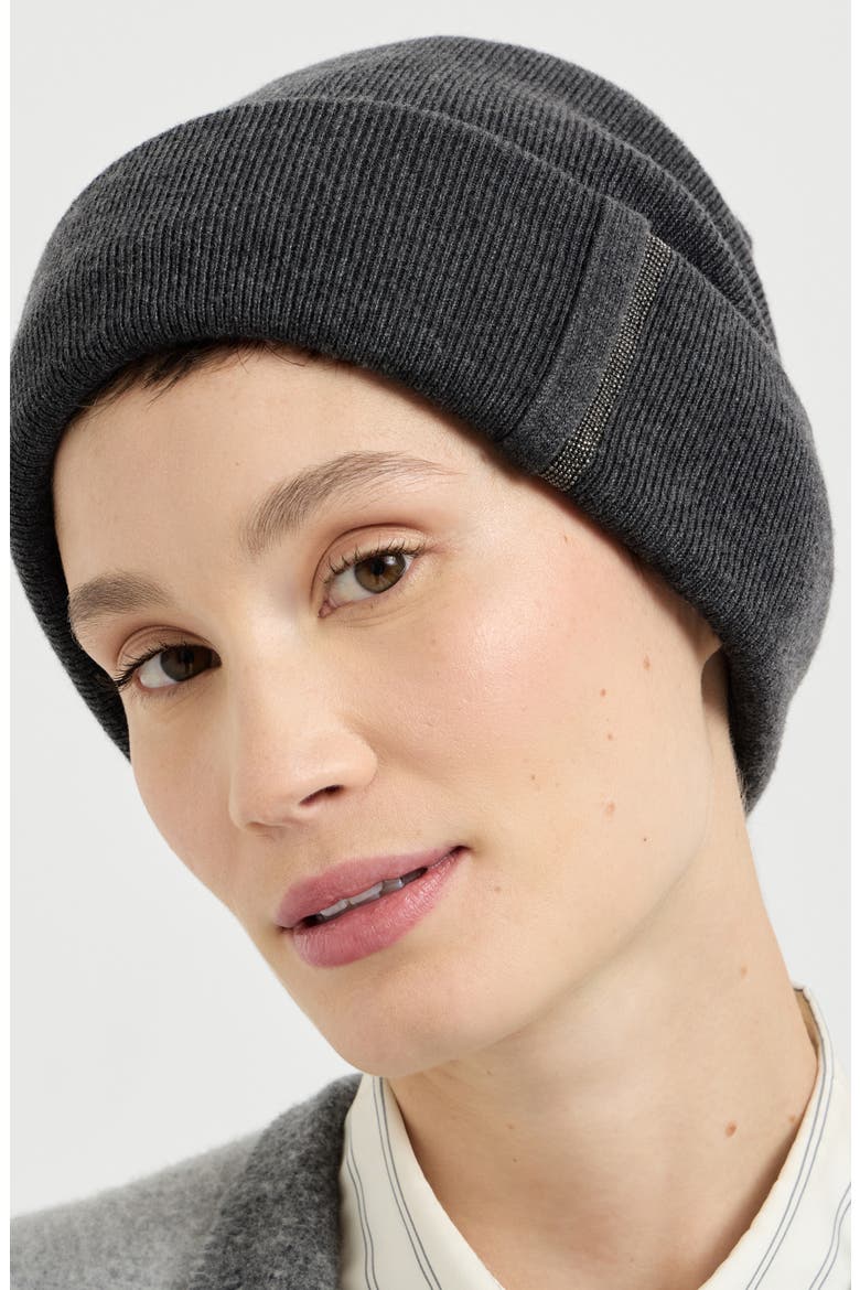 Cashmere rib knit beanie with monili, Alternate, color, Lignite
