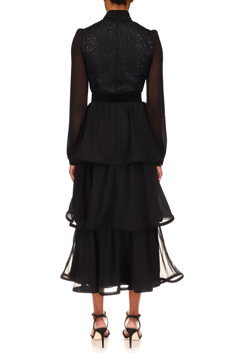 Badgley Mischka Collection Badgley Mischka Long Sleeve Tiered Georgette Cocktail Dress, Alternate, color, Black