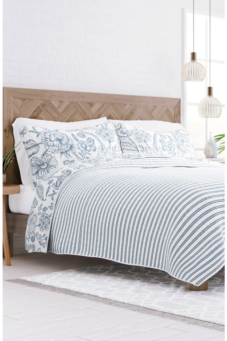 All Season Jacobean 3-Piece Down Alternative Reversible Quilt Set, Alternate, color, DUSK BLUE