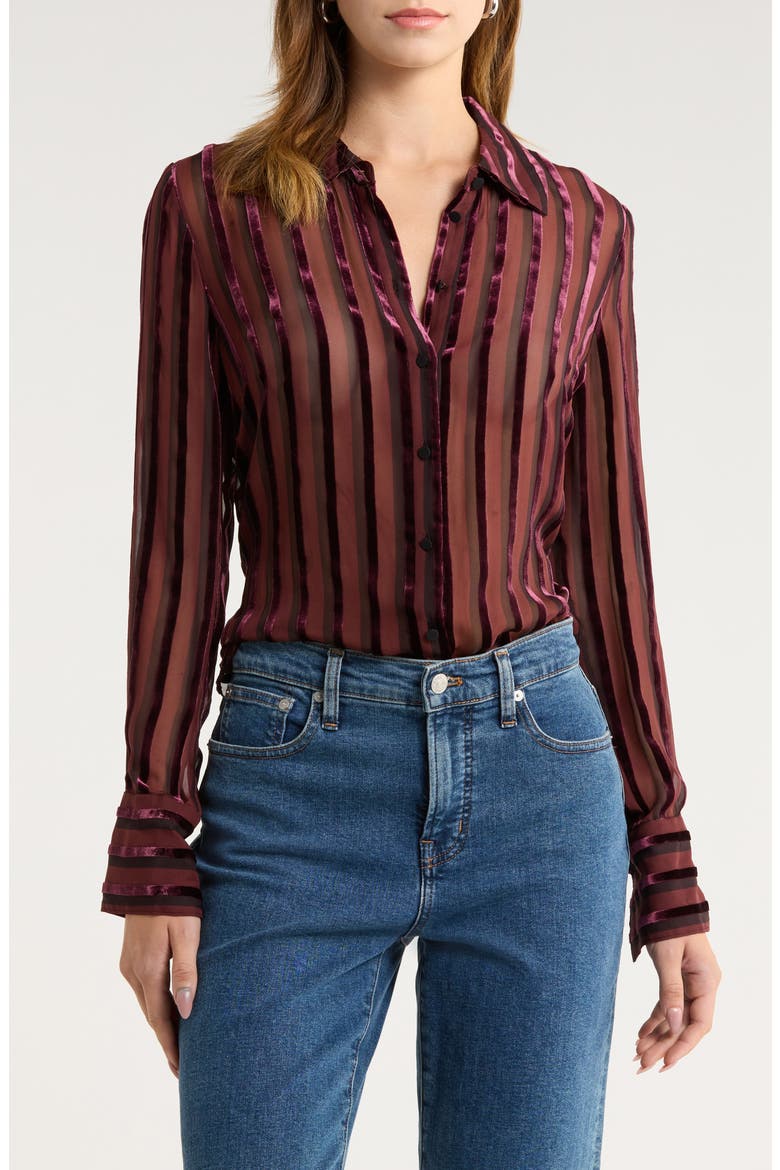 Mazzy Velvet Stripe Sheer Silk Blend Button-Up Shirt, Main, color, AUBERGINE/ BLACK
