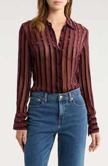 PAIGE Mazzy Velvet Stripe Sheer Silk Blend Button-Up Shirt