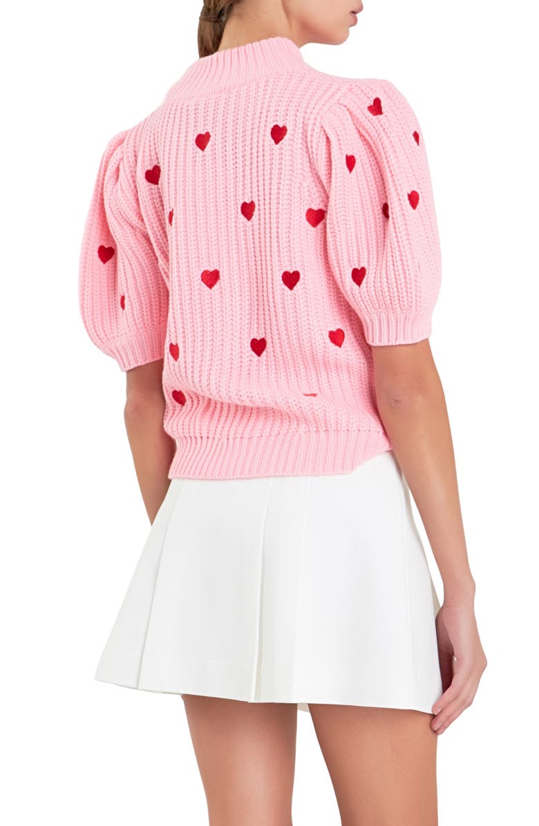 English Factory Heart Embroidered Puff Sleeve Sweater, Alternate, color, Pink