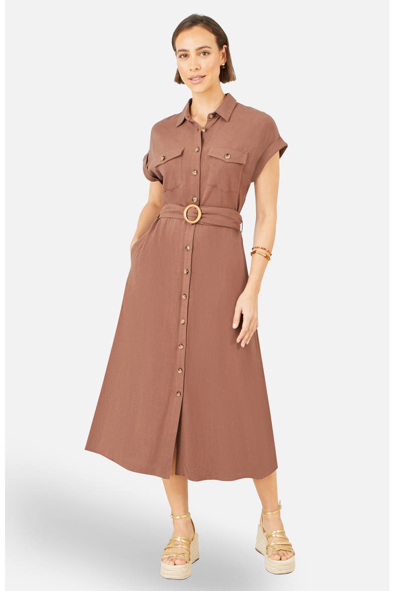 Linen Look Midi Shirt Dress, Alternate, color, Brown