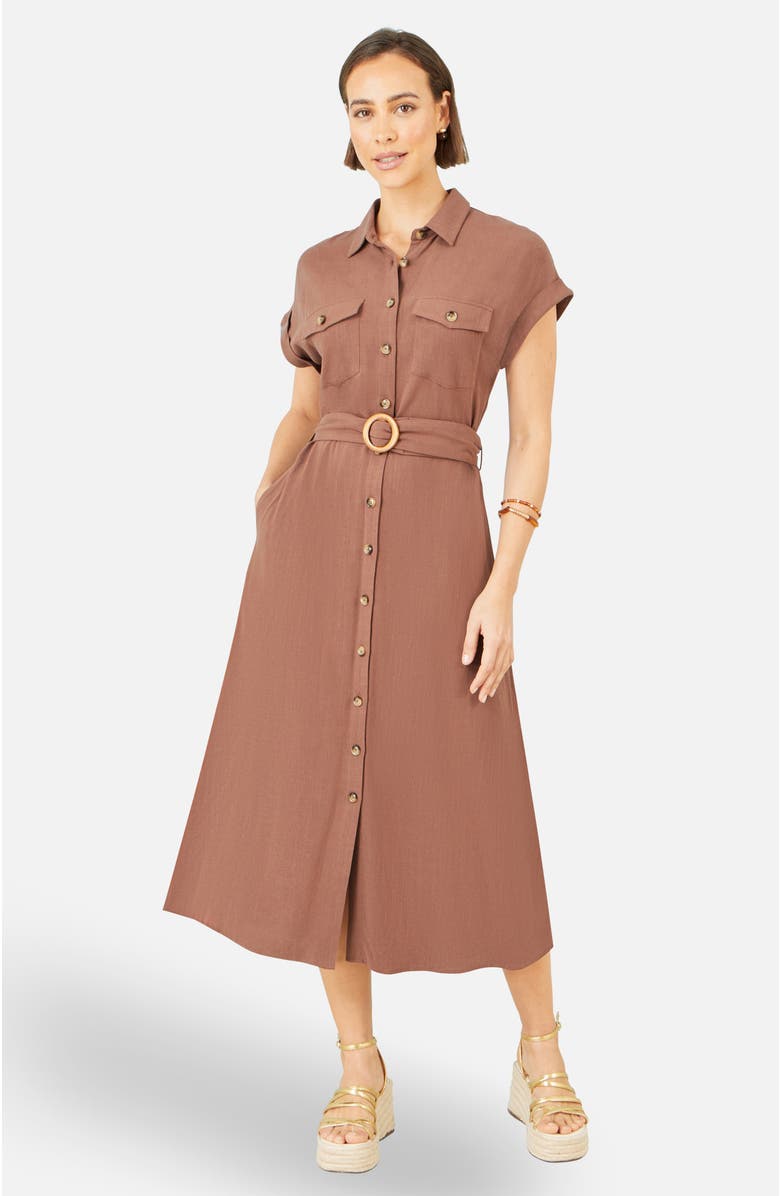 Yumi Viscose Linen Look Midi Shirt Dress, Alternate, color, Brown