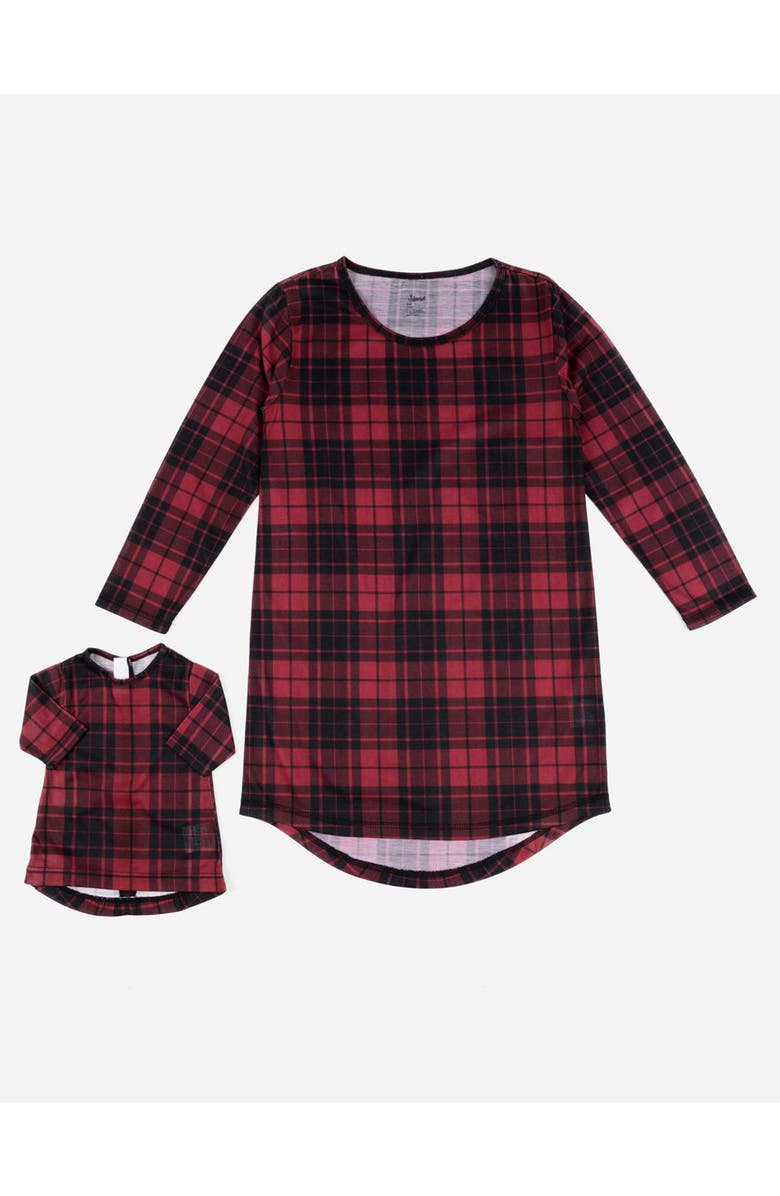 Leveret Girls Long Sleeve Nightgown with Matching Doll Nightgown, Printed Design, Alternate, color, Plaid Black & Red
