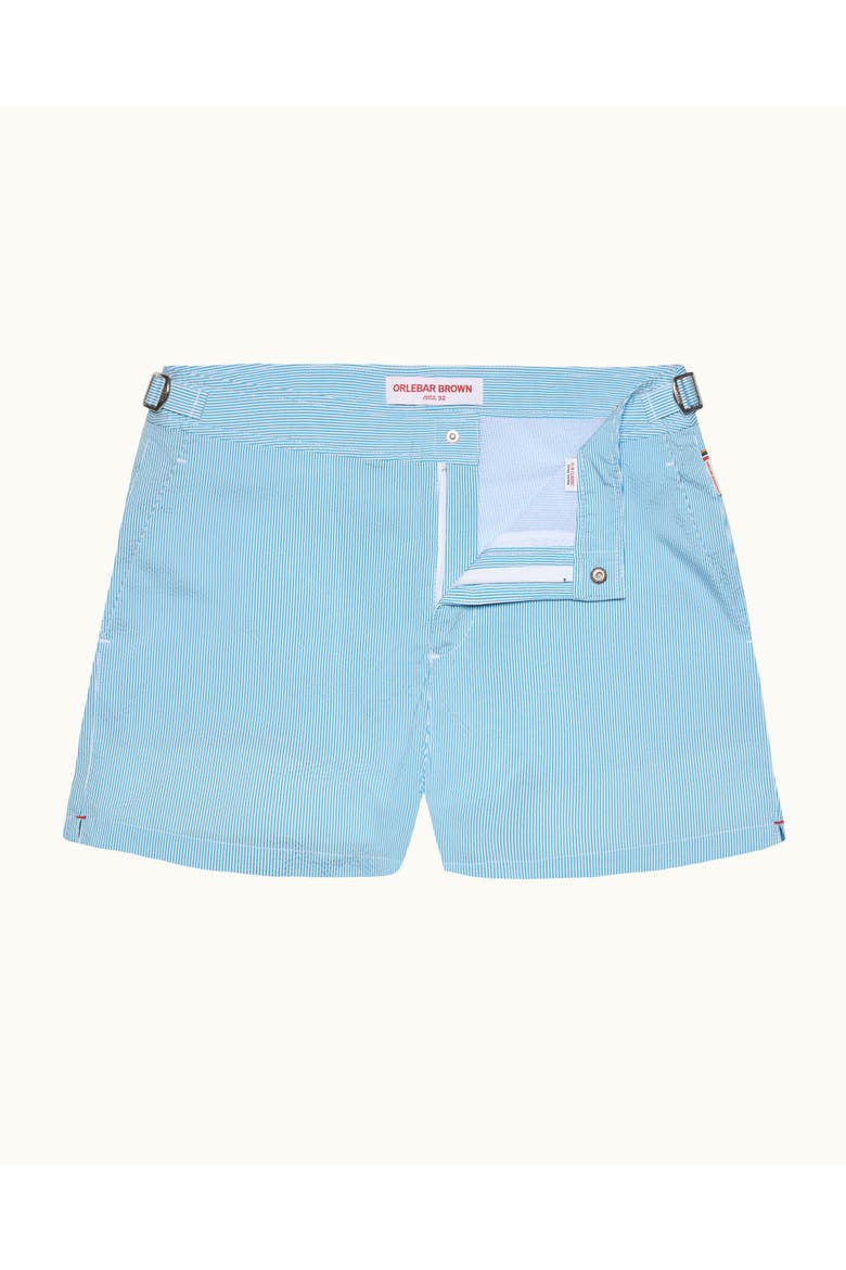 Setter Seersucker Stripe Shorter-Length Tailored-Fit Swim Shorts, Main, color, Aqua Blue/White Stripe