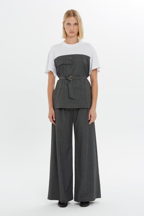 Detachable Belt Chest Cutout Side Slit Short-Sleeve White Blouse