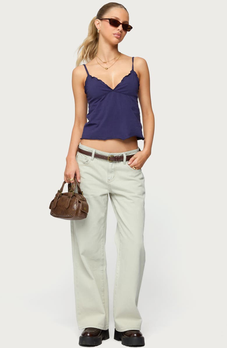 EDIKTED Glendon Lettuce Edge Crop Stretch Cotton Camisole, Alternate, color, Navy