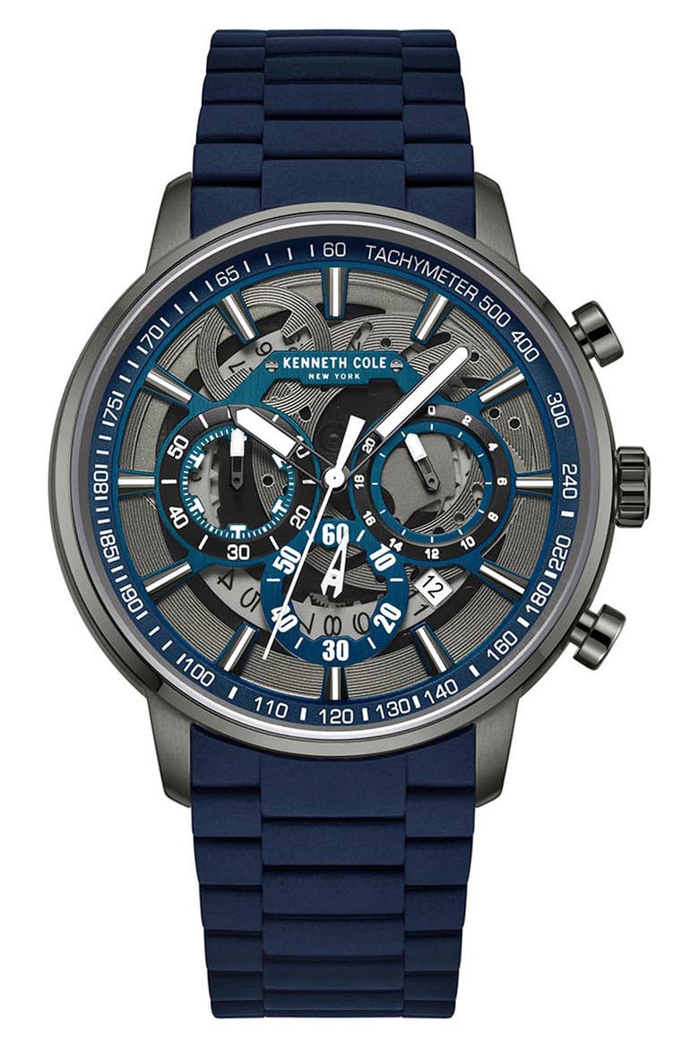Dress Sport Chronograph Silicone Strap Watch, 44mm, Main, color, BLUE