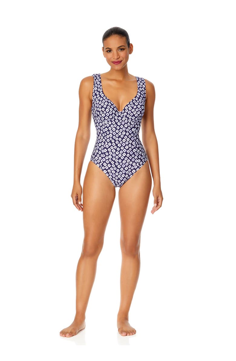 Anne Cole Women's Shibori Geo Underwire Panel One Piece Swimsuit, Alternate, color, Shibori Geo Blue