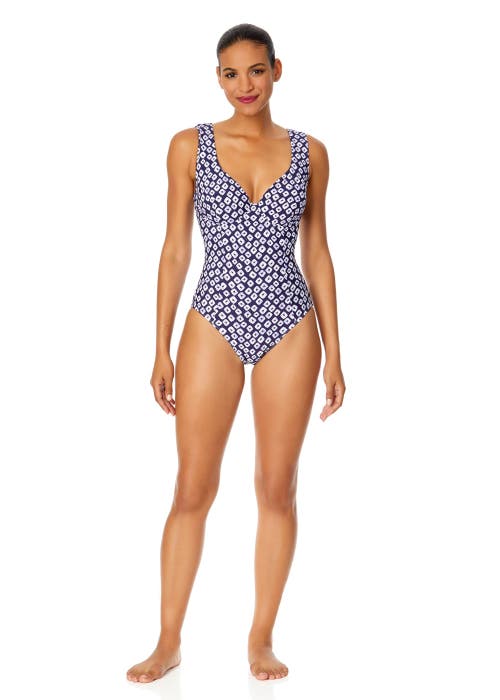 Shop Anne Cole Shibori Geo Underwire Panel One Piece Swimsuit In Shibori Geo Blue