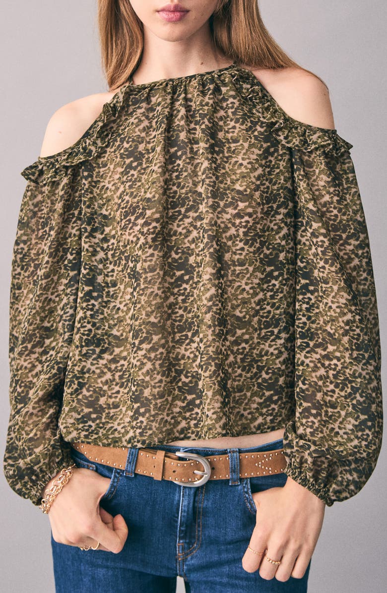 MANGO TEEN Cold Shoulder Animal Print Long Sleeve Shirt, Main, color, Khaki Brown