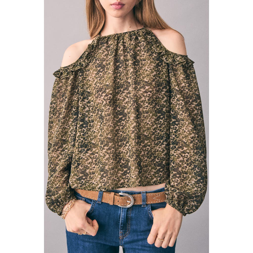 Mango Teen Cold Shoulder Animal Print Long Sleeve Shirt In Brown