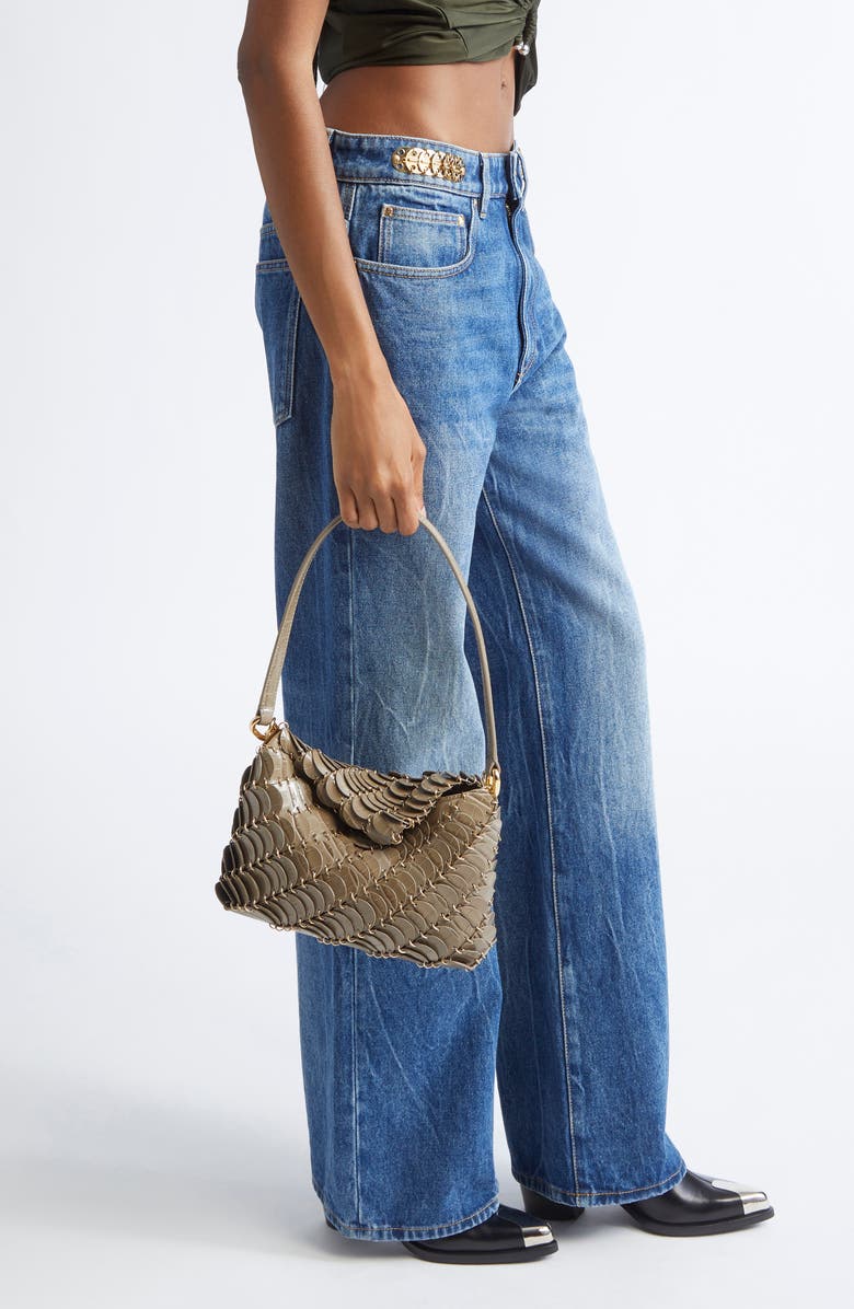 Rabanne Paco Croc Embossed Leather Shoulder Bag, Alternate, color, Taupe / Gold