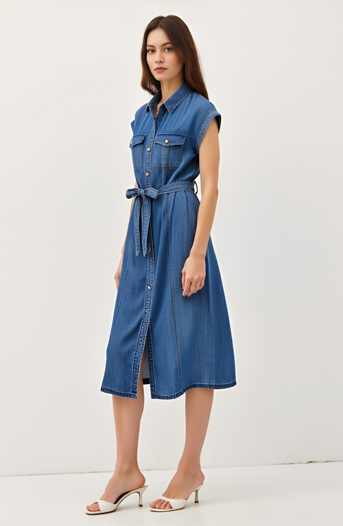 Modenaire Sleeveless Denim Midi Shirt Dress With Button Front And Tie Waist In Blue