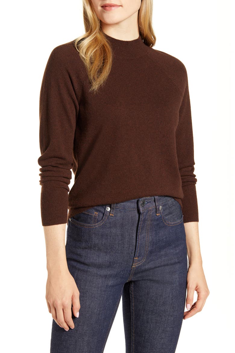 The Cashmere Raglan Mock Neck Sweater, Main, color, HEATHER BROWN