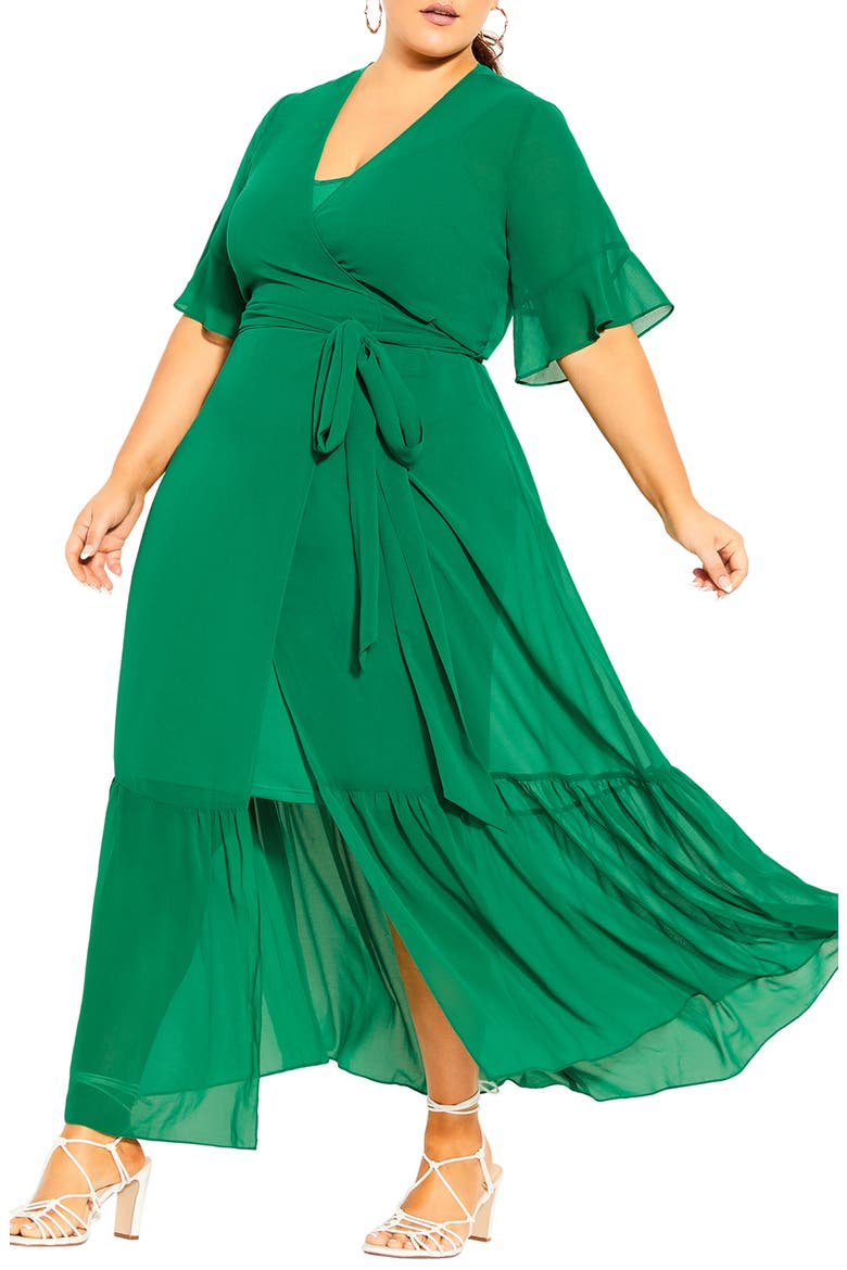 Flutter Sleeve Wrap Maxi Dress, Main, color, GREEN STONE