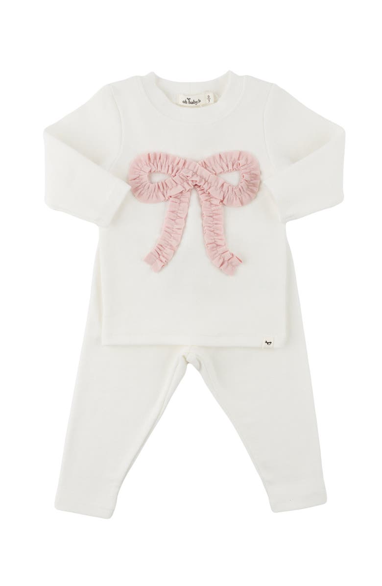 oh baby! Ruffle Knit Baby Pink Bow Applique Long Sleeve Two Piece Set, Main, color, 