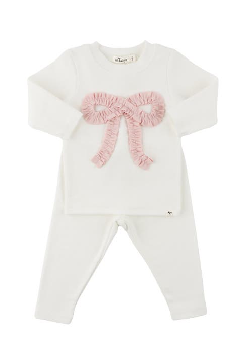 Ruffle Knit Baby Pink Bow Applique Long Sleeve Two Piece Set