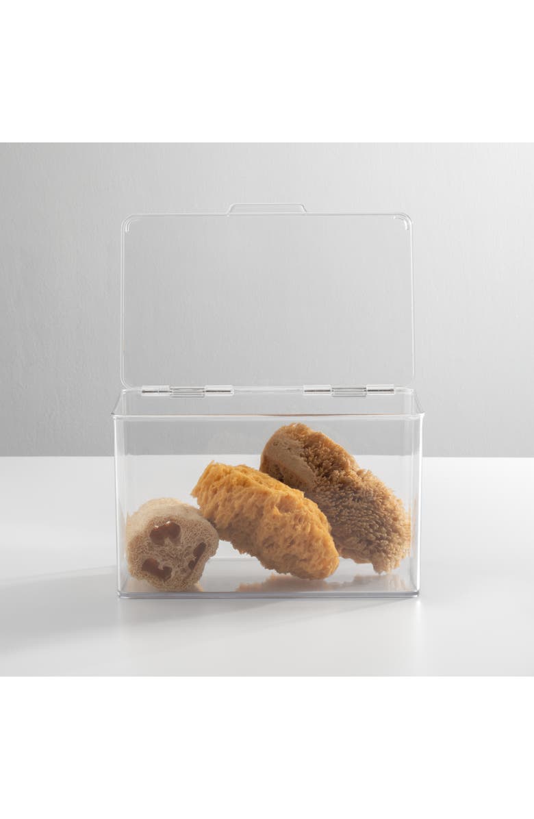 mDesign Plastic Bath Stacking Storage Organizer Box, Hinged Lid, 4 Pack, Alternate, color, Clear