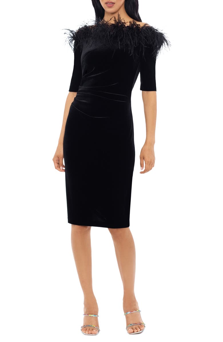 Xscape Evenings Feather Trim Off the Shoulder Sheath Dress, Main, color, 