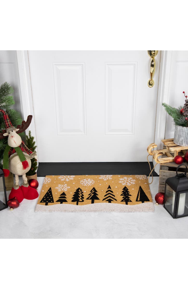 Northlight Trees and Snowflakes Natural Coir Christmas Outdoor Doormat 18" x 30", Alternate, color, Brown