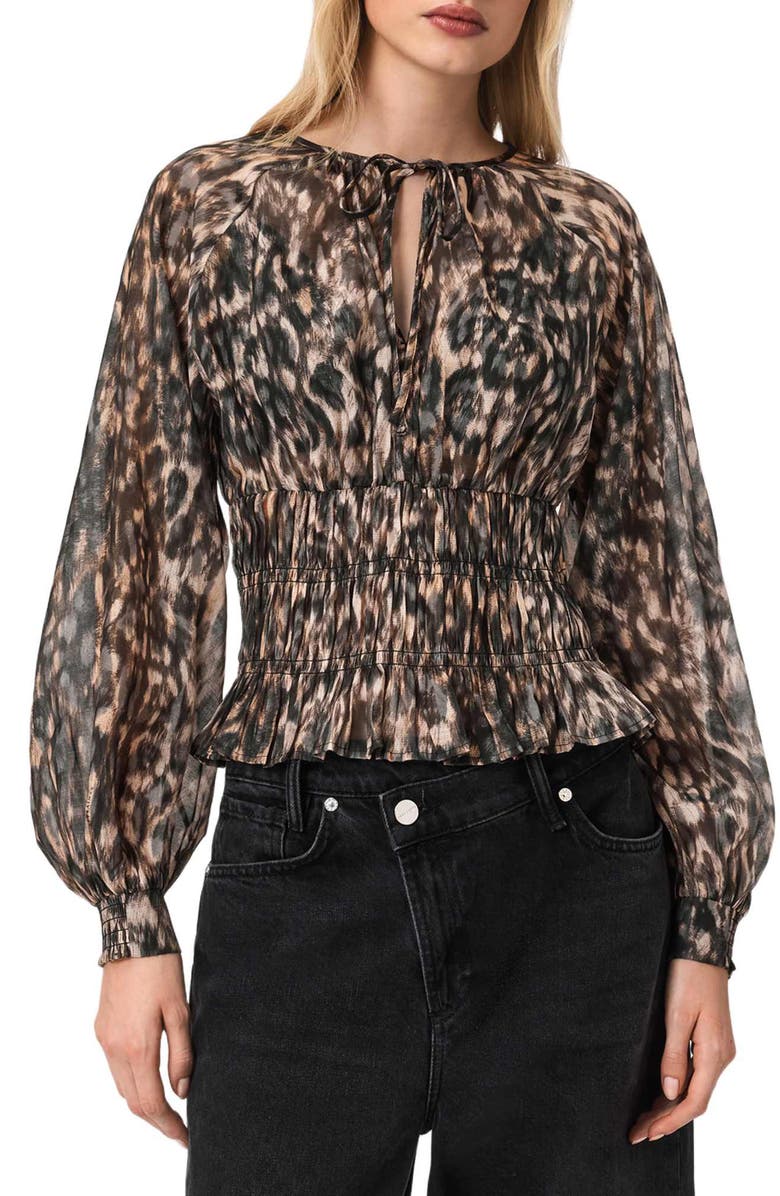 AllSaints Cern Print Smocked Top, Alternate, color, Prowl Golden Brown