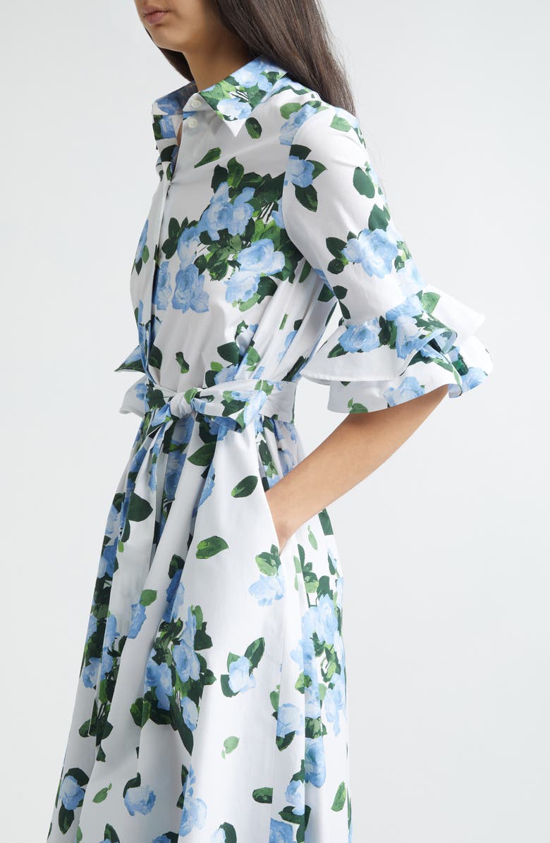 Carolina Herrera Rose Print Belted Midi Shirtdress, Alternate, color, White Multi