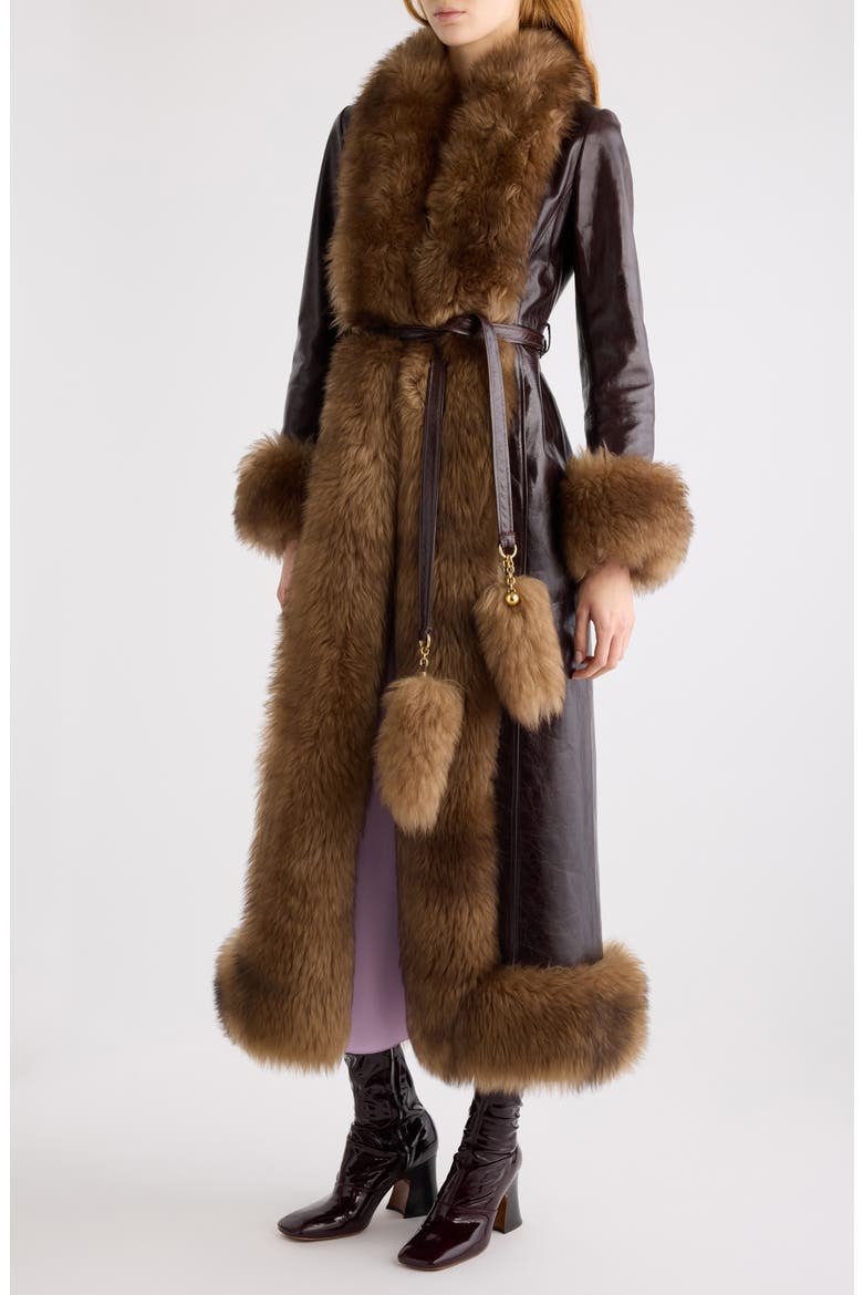 Leather & Genuine Shearling Long Column Coat, Alternate, color, ABYSSAL BROWN