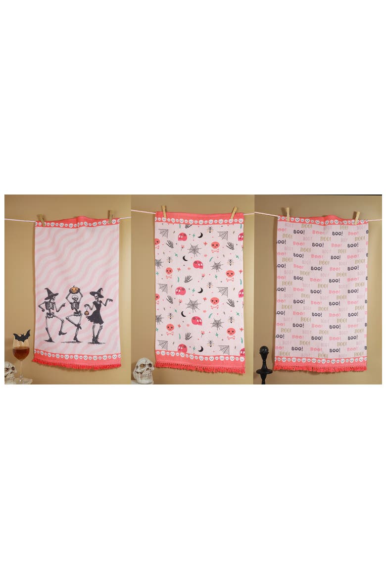 Set of Three The Danse Macabre Halloween Kitchen Towels, Alternate, color, HOT PINK/ BLACK / CORAL