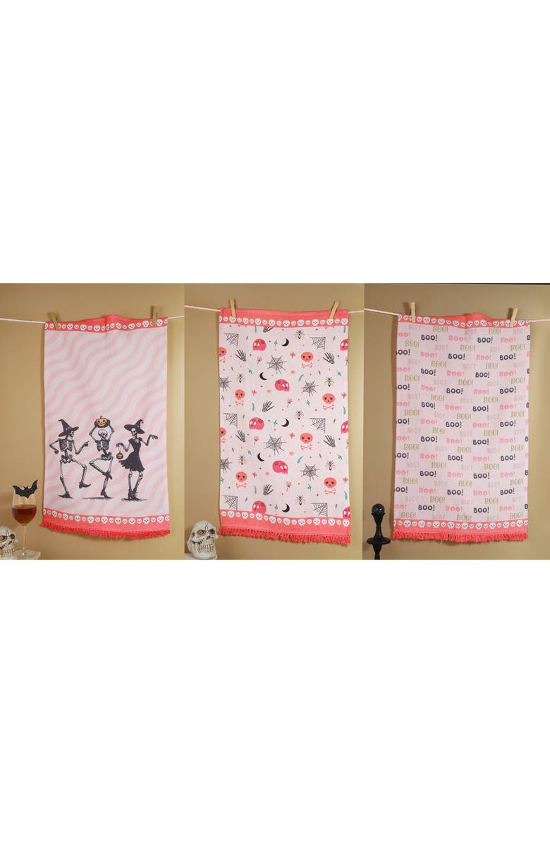 Tiramisu Set of Three The Danse Macabre Halloween Kitchen Towels, Alternate, color, Hot Pink/ Black / Coral