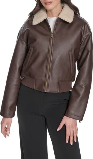 Faux Leather Bomber Jacket with Faux Shearling Collar