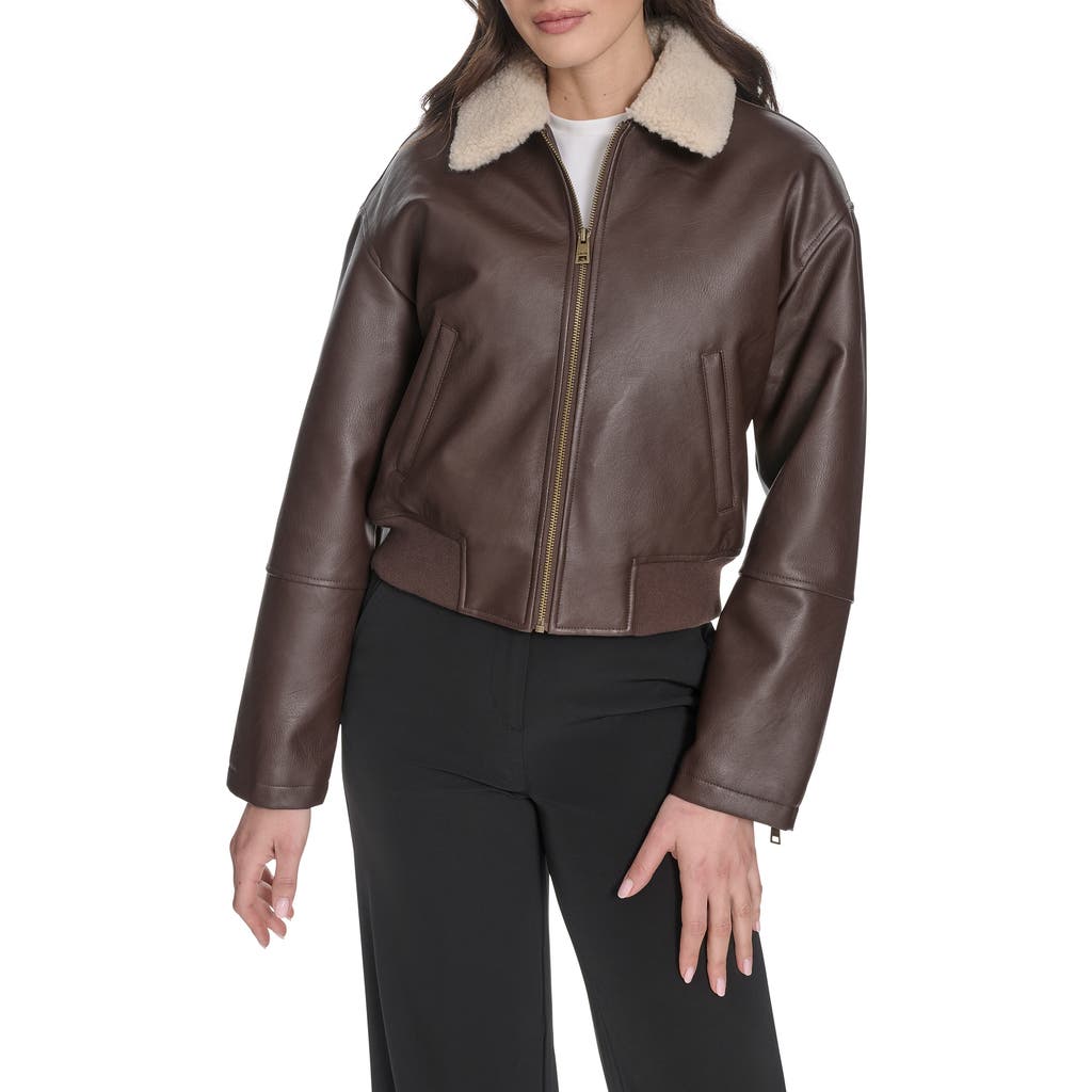 Levi's Faux Leather Aviator Jacket With High Pile Fleece Collar In Brown