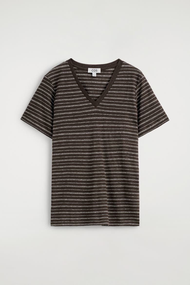 V-neck Linen T-shirt, Alternate, color, BROWN / WHITE / STRIPED