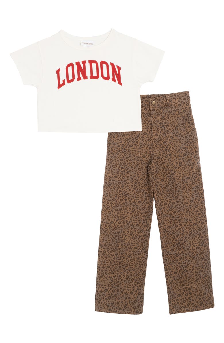 Tween Diva Kids' London Graphic T-Shirt & Leopard Twill Pants Set, Main, color, Light Brown