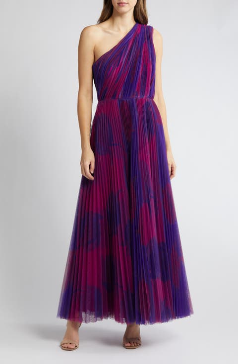 Tarina Print Pleated One-Shoulder Gown