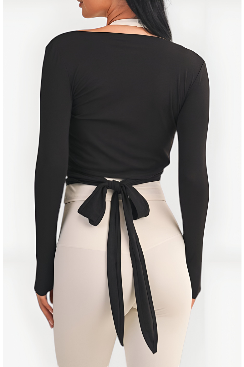 Wrap Front Long Sleeve Crop Top with Tie Waist Detail, Alternate, color, Black