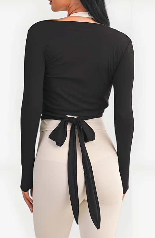 Modenaire Wrap Front Long Sleeve Crop Top With Tie Waist Detail In Black