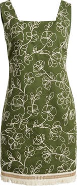 Tahari ASL Embroidered Fray Hem Sleeveless Minidress