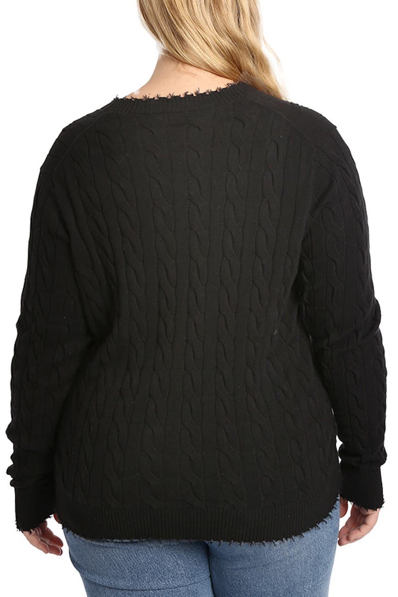 Frayed V-Neck Cable Knit Cotton Cardigan, Alternate, color, BLACK