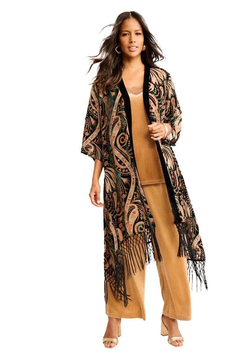 Plus Size Burnout Velvet Fringe Duster, Main, color, GREEN PAISLEY