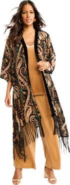 Roaman's Plus Size Burnout Velvet Fringe Duster