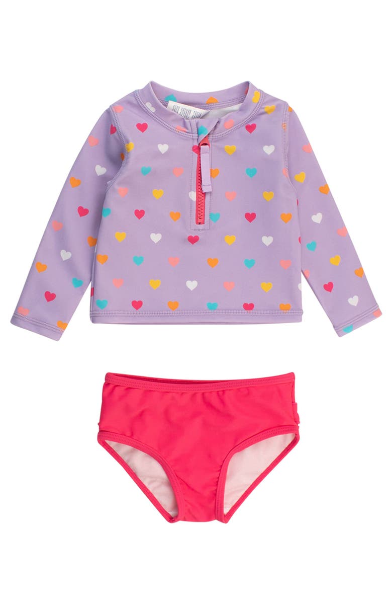 RuffleButts Girls UPF50+ Long Sleeve Zipper Rash Guard 2-Piece, Main, color, Lavender Colorful Hearts