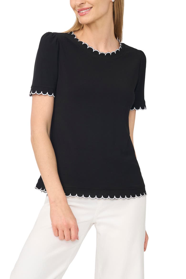 Scallop Trim Puff Sleeve Knit Top, Main, color, RICH BLACK