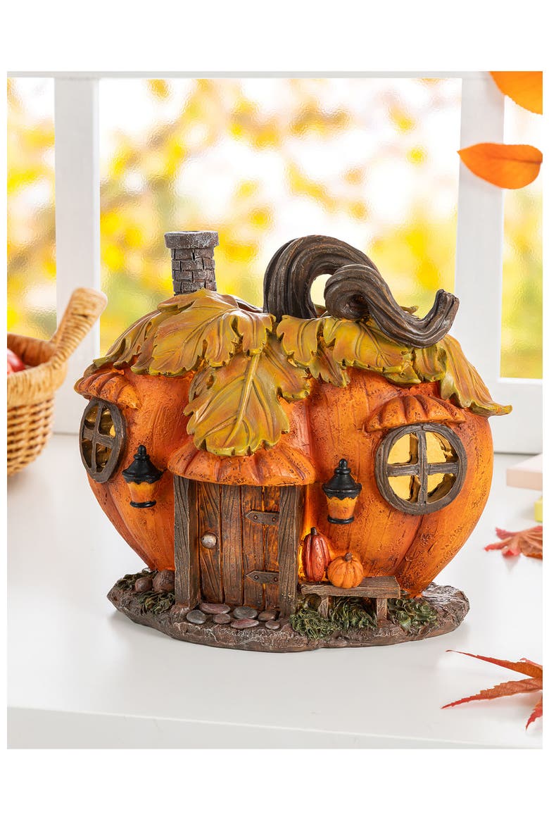 8.5"L Fall Lighted Resin Pumpkin House Table Decor with Timer, Alternate, color, Brown