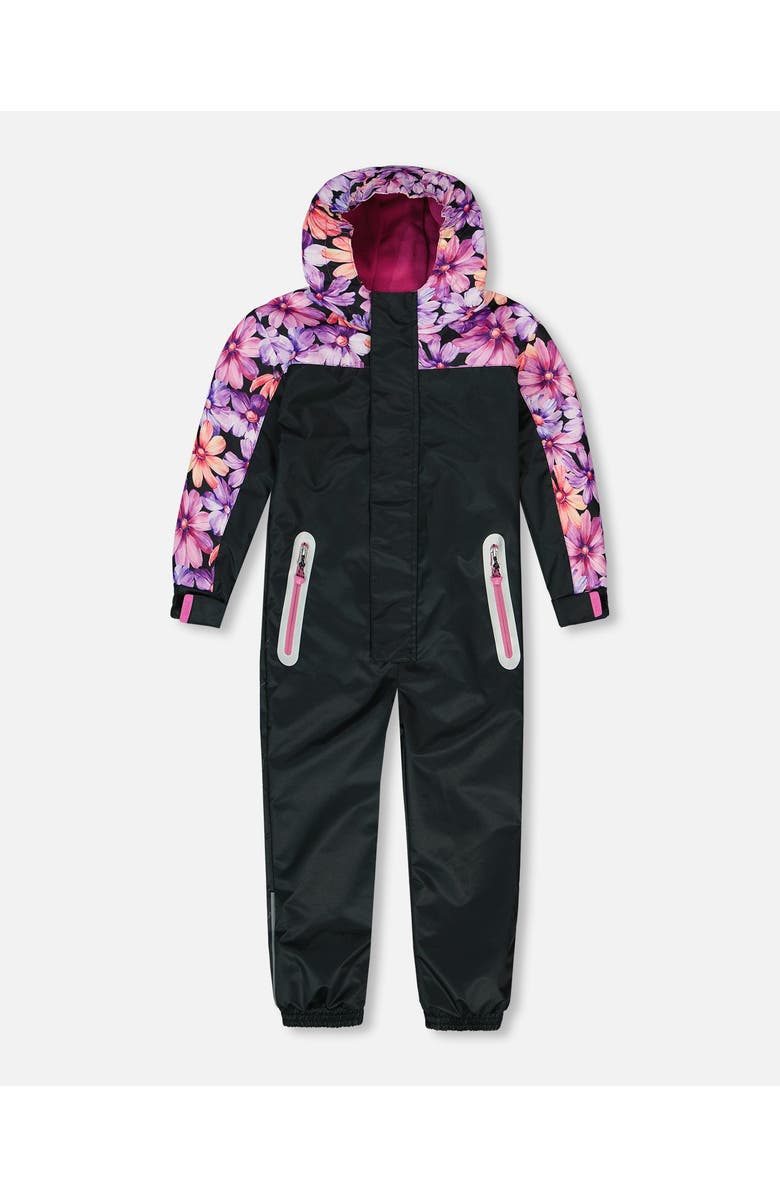Deux par Deux Girl's Mid-Season One-Piece Outerwear Black With Pink And Orange Flowers, Main, color, 
