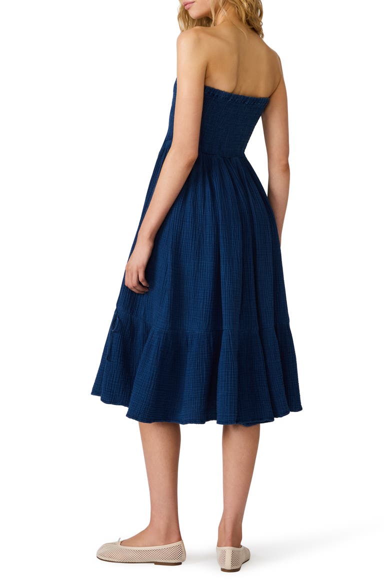 Bisou Strapless Smocked Gauze Midi Dress, Alternate, color, SOFT INDIGO