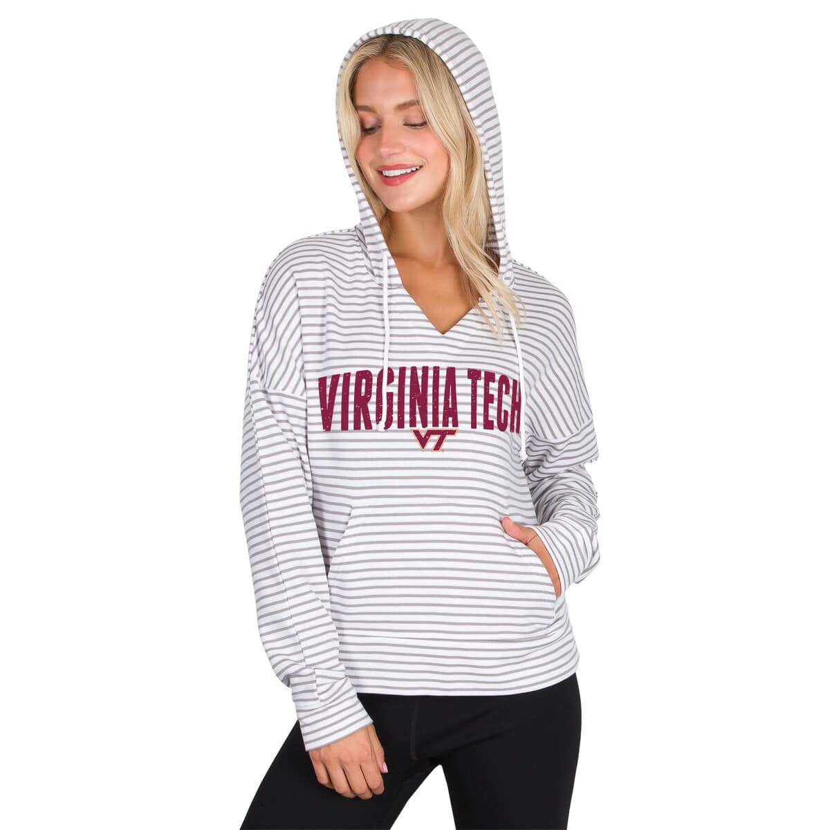 Concepts Sport White/gray Virginia Tech Hokies French Terry Striped V-neck Pullover Hoodie