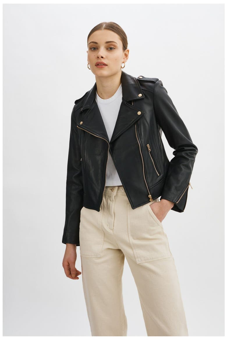DONNA GOLD | Iconic Leather Biker Jacket, Main, color, Black